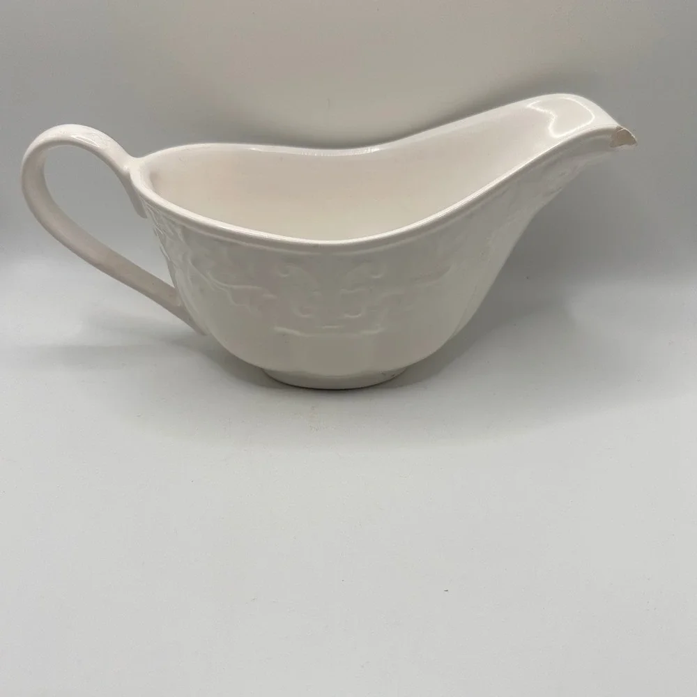 FP Fapor Portugal Home White Ceramic Gravy Boat Embossed Scroll Made in Portugal